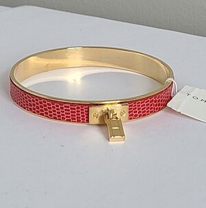 Tommy Hilfiger Orange Red Snakeskin Luxury Gold Tone Lock Charm Bangle Bracelet